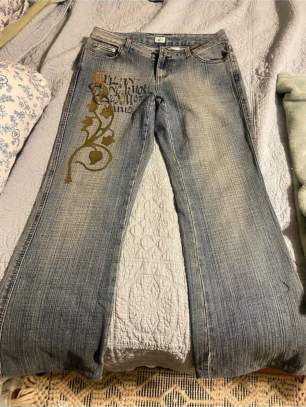 Cache’ Graphic Flare Jeans Blue Size 10